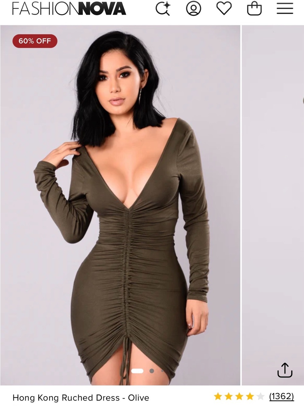 Fashion Nova Olive Ruched V‑Neck Long‑Sleeve Mini Dress